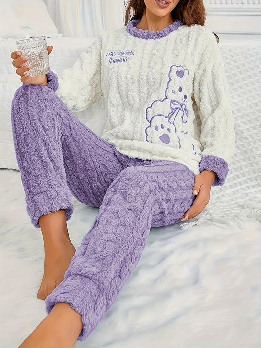 1 Set Polyester Comfortable Loose Fit Women's Cute Teddy & Cartoon Embroidered Fleece Pajama Set, Long Sleeve Crew Neck Top and Long Pants for Winter Sleepwear