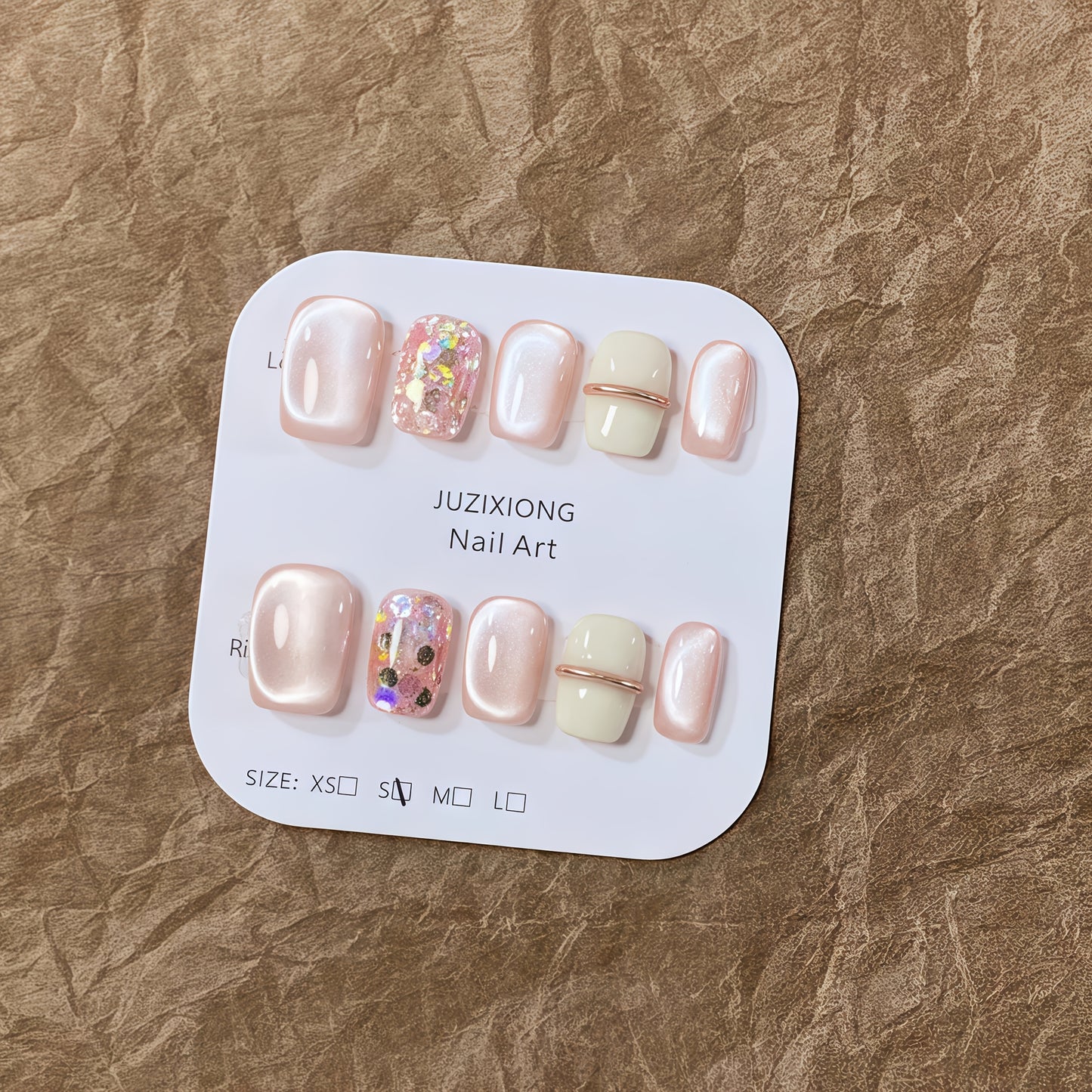 10pcs Handmade Short Press-On Nails - Pink Cat Eye Glitter & Metallic Accents, Square Medium Length Reusable Fake Nails with Satin & Glossy Finish for Hands & Feet