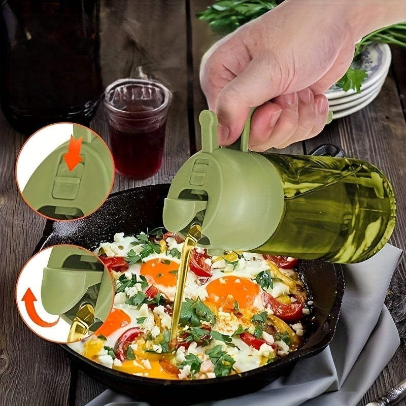 16oz Olive Green Glass Olive Oil Dispenser - 2-in-1 Oil Bottle and Cooking Sprayer with Auto Flip Cap and Label Stickers (Light Blocking)
