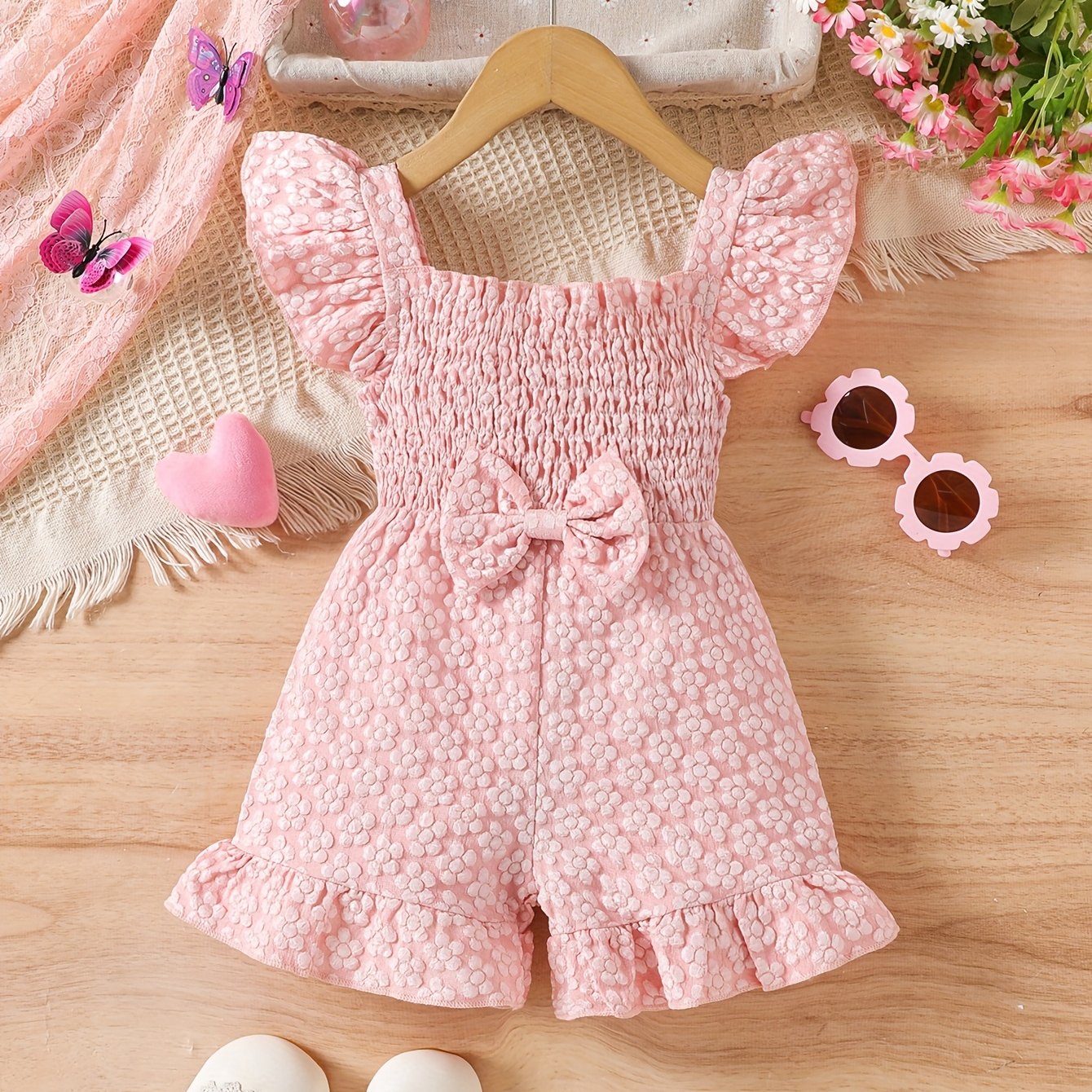 Summer Floral Print Girl'S Romper with Puff Sleeves & Bow Detail - Light Purple Ruffled Hem, Breathable Shorts for 0-3 Years, Cute Outfit for Warm Weather, Toddler Girl Outfit, Playful Little One'S Wear, Soft Texture Fabric, for Outdoor