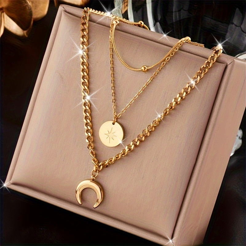 Stainless Steel Golden 3 Layer Shine Crescent Moon Pendant Necklace Women Trend Chain Neck Jewelry Gift, Gift for Eid, Ramadan