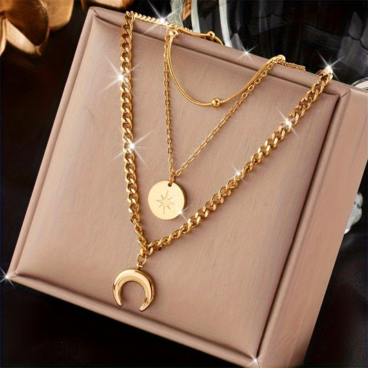 Stainless Steel Golden 3 Layer Shine Crescent Moon Pendant Necklace Women Trend Chain Neck Jewelry Gift, Gift for Eid, Ramadan