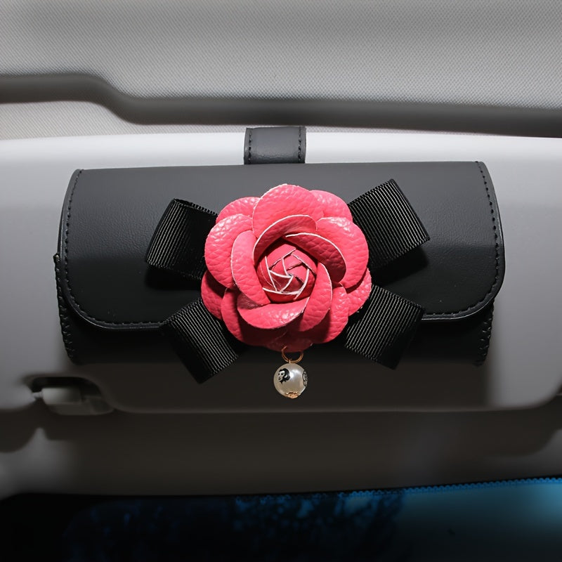 Stylish Camellia Flower Design PU Leather Car Visor Sunglasses Holder - Universal Eyeglass Clip with Bow and Pendant - Convenient Glasses Storage Box for Automotive Sun Visor Accessories