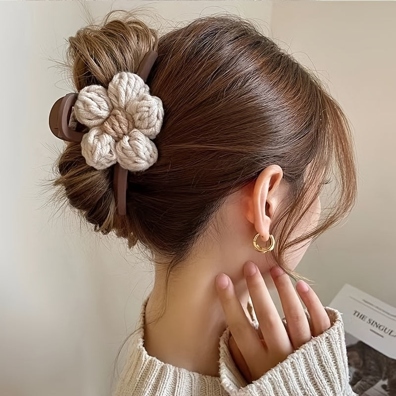 [Cute Hair Clips] Cute 1pc Chinese Style Flannelette Knitted Flower Jaw Clips | Hair Clamps Ponytail Holder Shark Clips, Color Matching Women Girls Hair Accessories