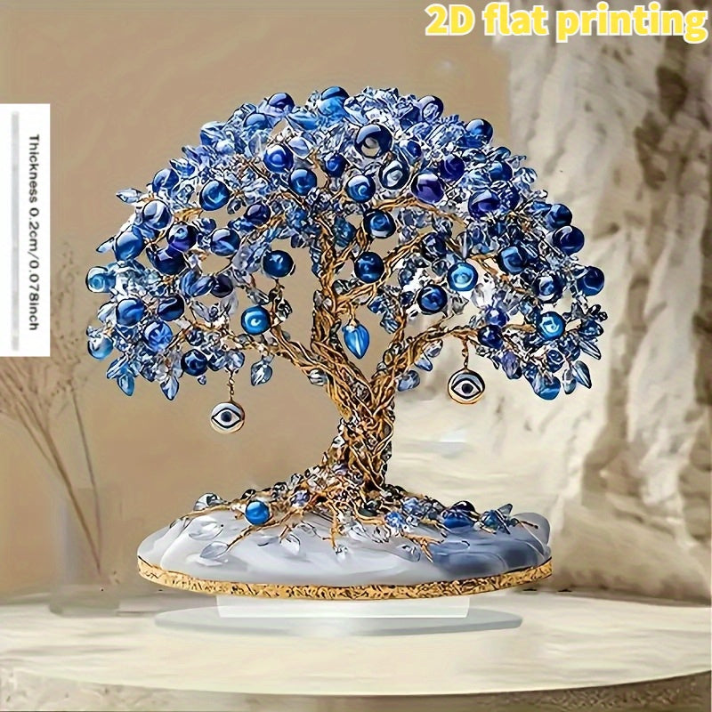 2D Flat, Elegant Turkish Evil Eye Tree Acrylic Desktop Decoration - Blue and Clear Beads, Golden Leaves, Eye Charm Design, No Electricity Required, Suitable for Home, Party, Window Display & Gift Giving, 2D Flat