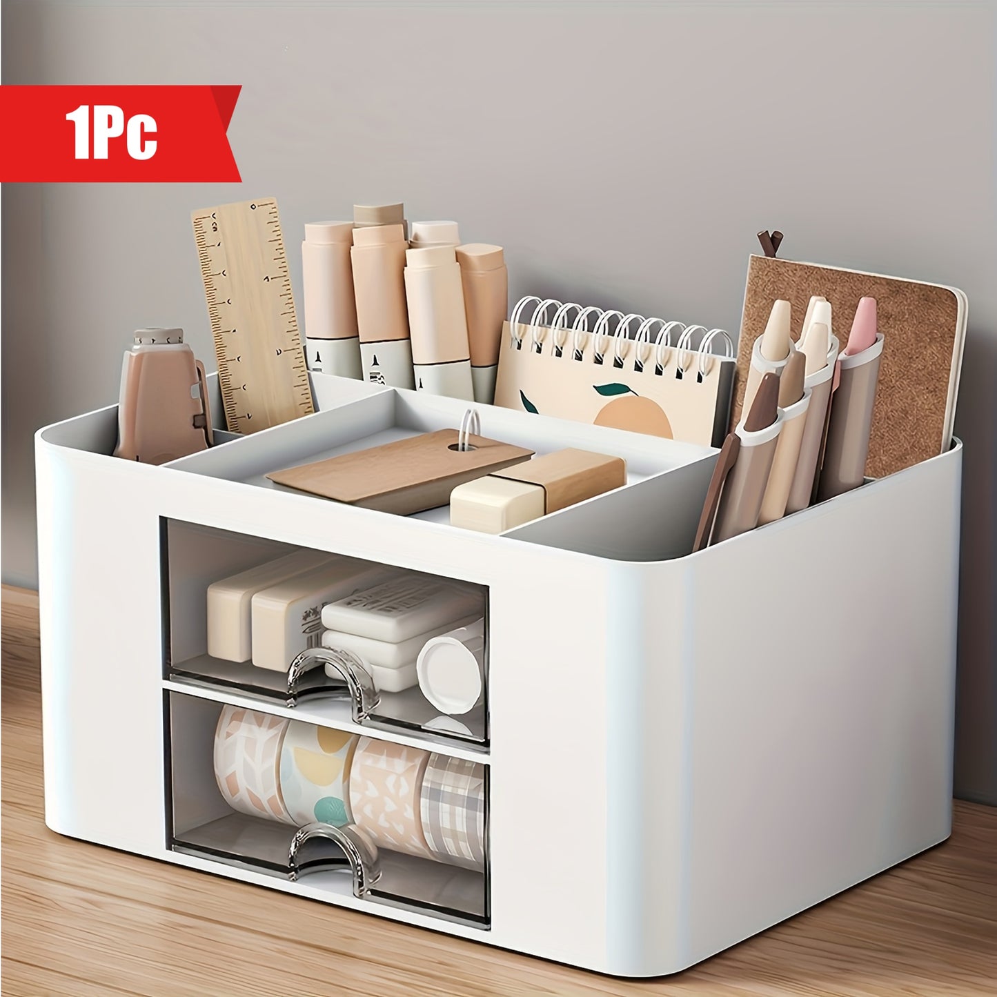 1pc Multi-Functional Plastic 5 Compartments Desk Organizer with 2 Drawers - Office Supply Caddy, Portable Desktop Storage for Stationery, Pens, Pencils, Art Supplies