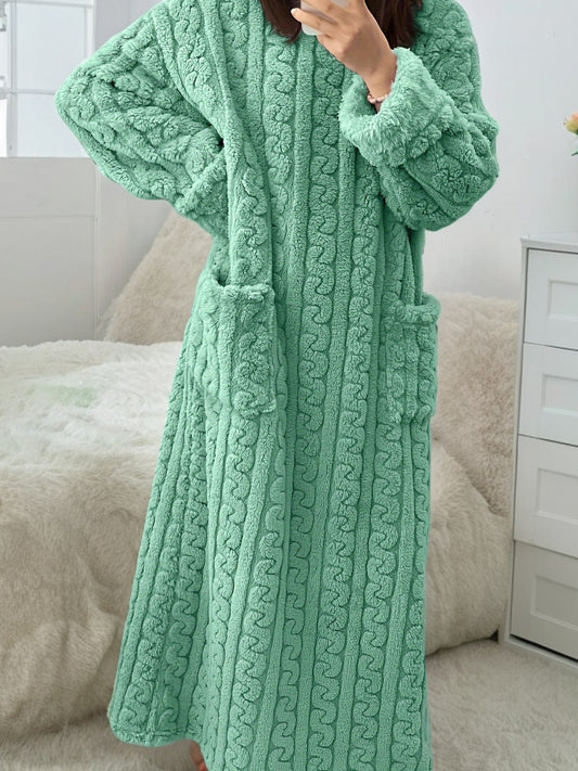 [Warm Fleece Nightgown] Warm Fleece-Lined Women's Long Sleeve Nightgown | Soft Plush Red Round Neck Machine Washable Cozy Pregnancy Pajama Dress for Fall & Winter, Maternity Pajamas, Casual Homewear