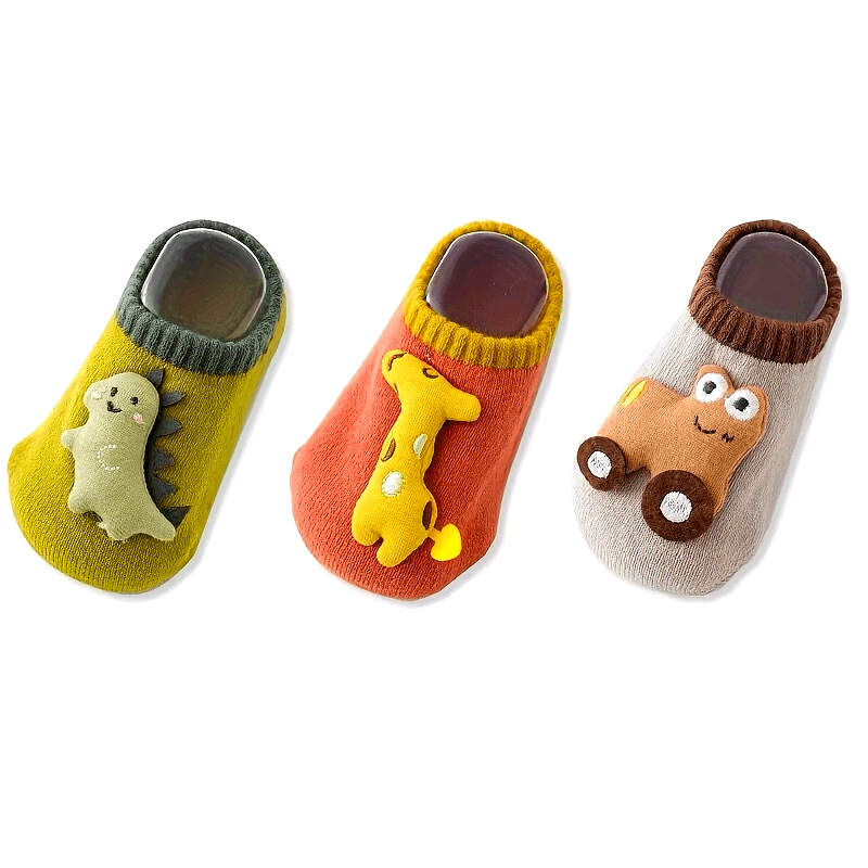 3 Pairs Of Baby Boy's Cartoon Animal Dino Decor Bottom Rubber Non-slip Sports Socks, Comfy Breathable Soft Socks For Babies Wearing