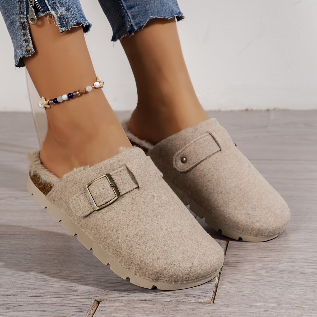 [Comfortable Fleece Slippers] Warm Fleece-Lined Slippers | Autumn and Winter Women's Fashion Casual Comfortable, Slip-on Thick Sole Half-Covered Heel Slides