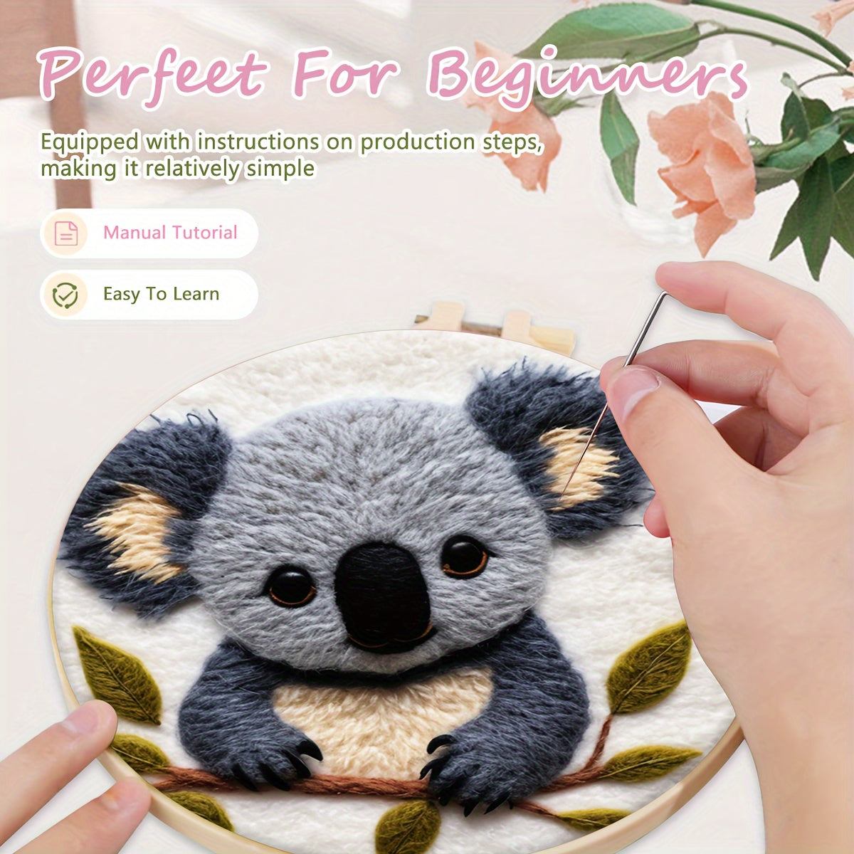 20Cm/7.87In Felt Koala Needle Felting Kit: DIY Fleece Felt Art with Hoop, Needles, Cloth, and Instruction Manual for Beginners and Home Decor