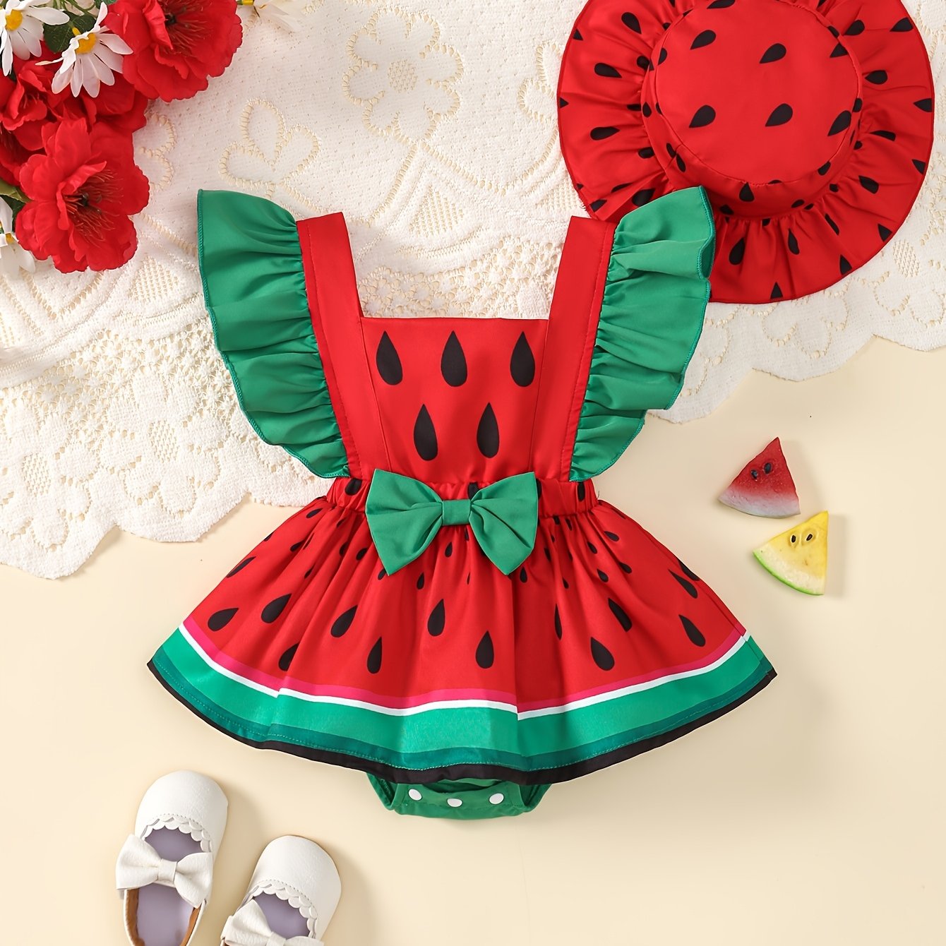 2pcs Baby Girls Summer Dress Set, Watermelon Print Ruffled Lace Trim Romper with Backless Design and Sun Hat, Polyester Dressy Style, Regular Fit, with Summer Collection for Outdoor