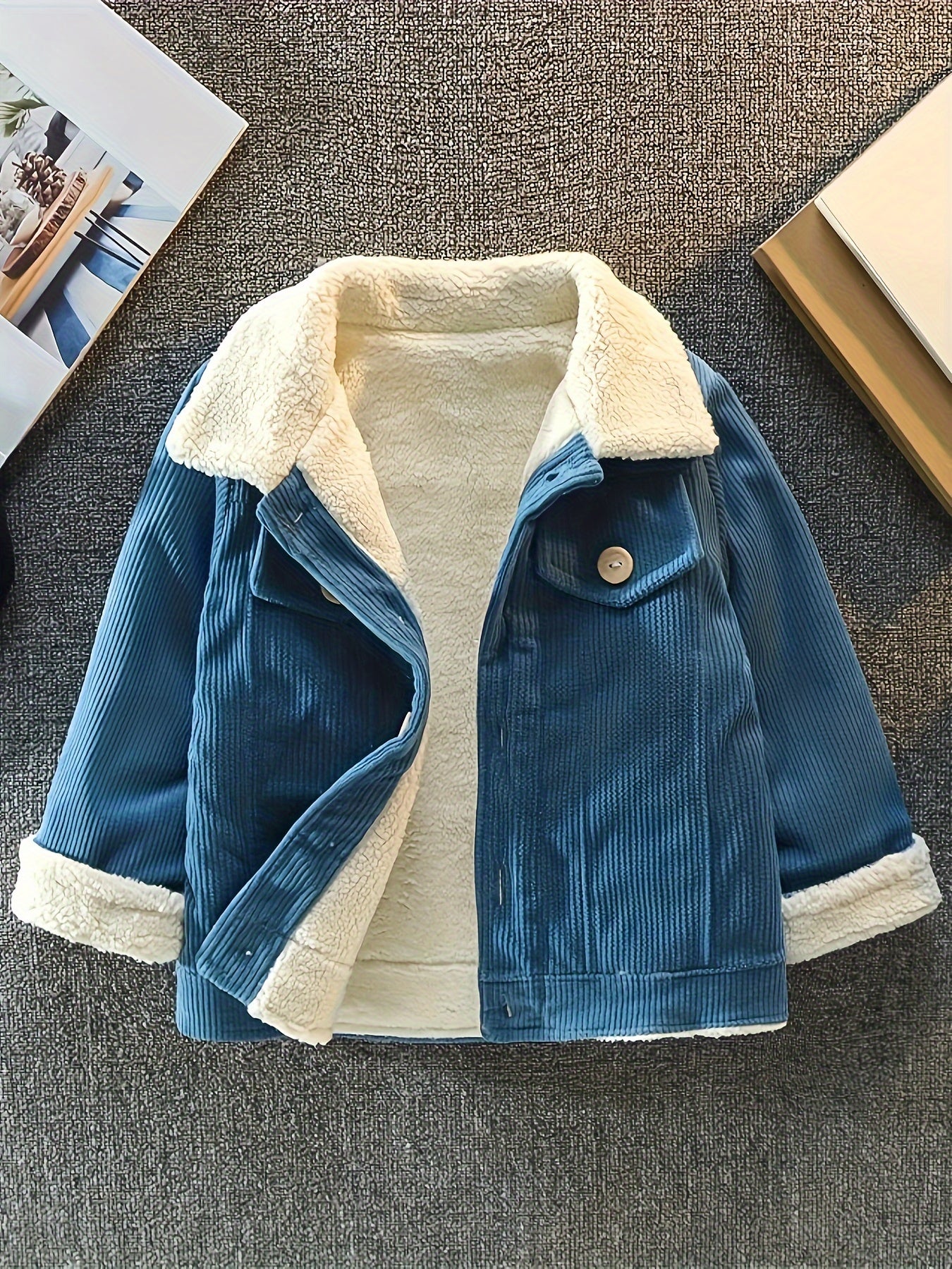 Boys Corduroy Fleece Jacket, Thick Button Front Coat, Boy's Clothes For Spring Fall Outdoor