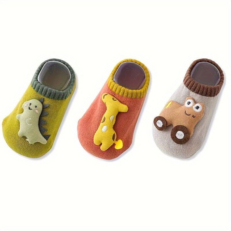 3 Pairs Of Baby Boy's Cartoon Animal Dino Decor Bottom Rubber Non-slip Sports Socks, Comfy Breathable Soft Socks For Babies Wearing