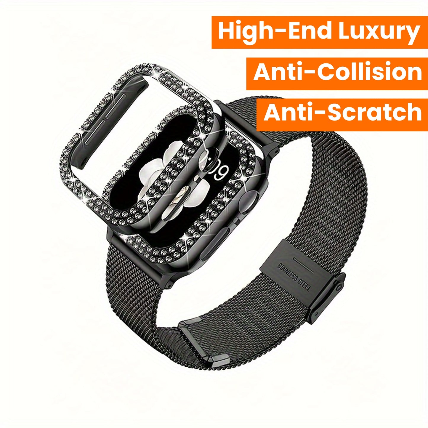 Dial Milan + Diamond Shell Golden Black Rose Golden Breathable Stainless Steel Braided Mesh Metal Strap Adjustable Suitable for iWatch series se s9 8 7 6 5 4 3 2 1 Series 2pcs Combination High-end Luxury Anti-collision Anti-scratch PC Hard Material Inlaid