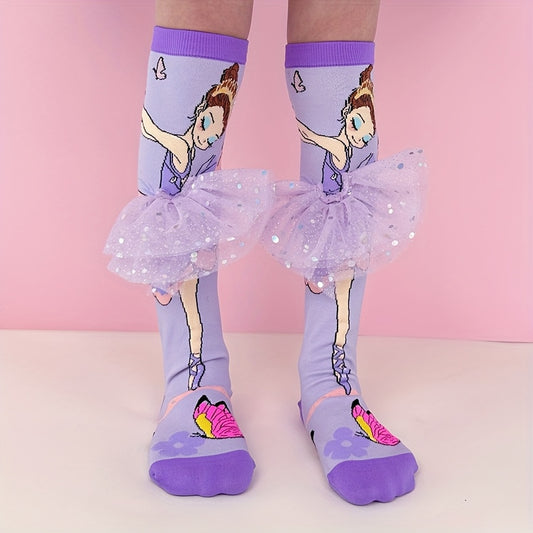 A pair of cartoon purple ballet girl knee-high socks, suitable for daily wear, vacation wear, party wear, suitable for holiday gifts