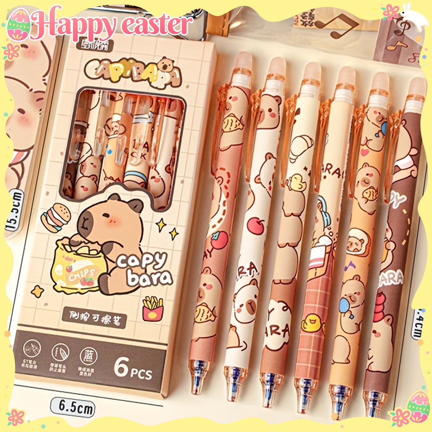 6pcs Set of Capybara Themed Erasable Gel Pens, Blue Ink Retractable Design, Smooth Writing, Fast Drying Office Accessory, Elegant Stationery Pen