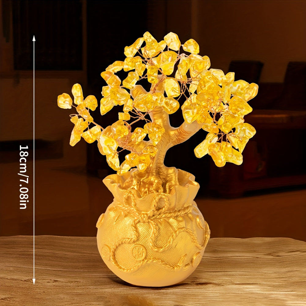 1pc Handcrafted Golden Crystal Money Tree in Intricate Pot - Prosperity & Wealth Attracting Decor, No Power Needed, Freestanding with Detailed Leaves for Home & Office