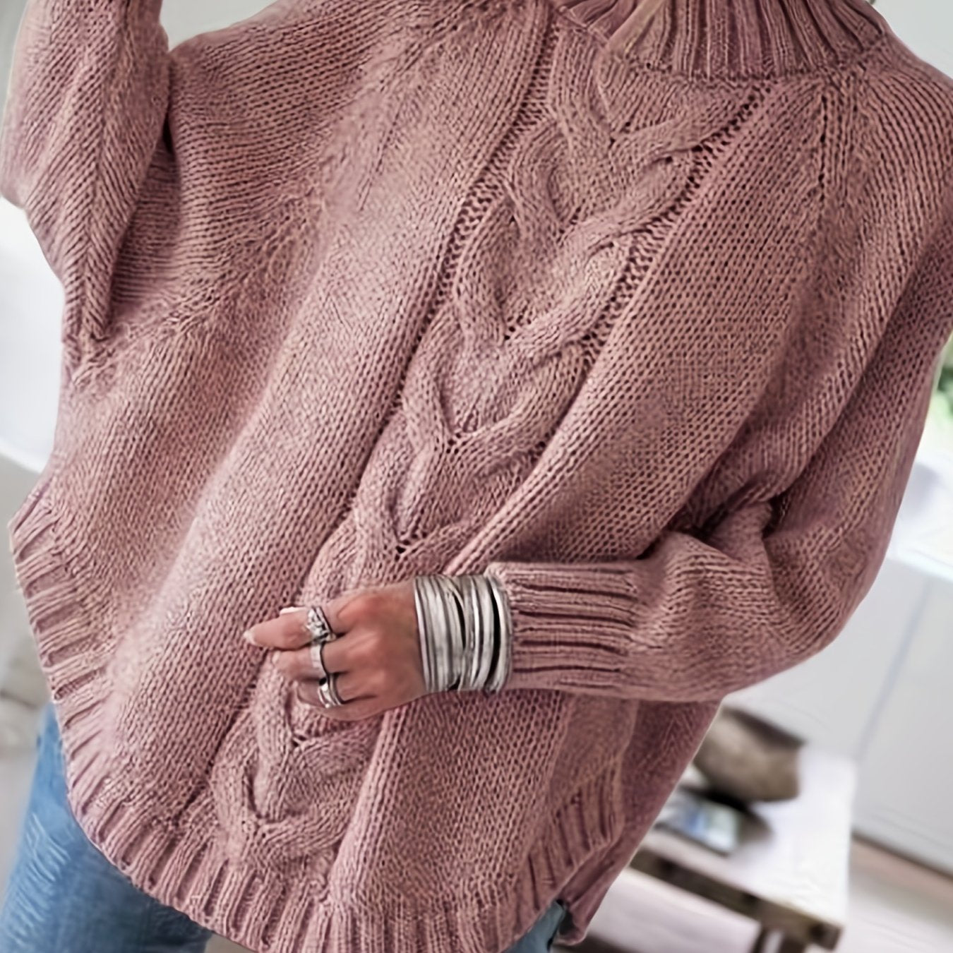 Women'S Vintage-Inspired Black Cable Sweater with High Neck, Loose Fit, Fall & Winter Style - Casual, Everyday Pullover for Autumn and Winter, Autumn Winter Apparel | Vintage Sweater | Cable Pattern, Sweater Dress