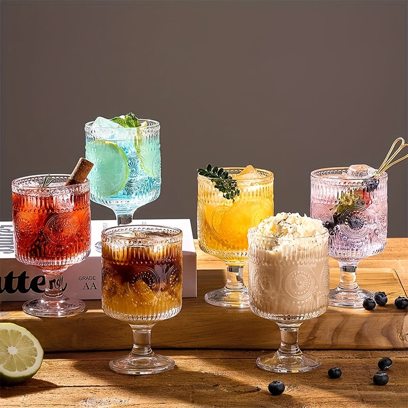 Set of 6/8pcs, Vintage 8 Oz Glasses, Floral Relief Wine Glasses, Transparent Glass Drinkware Set, Drinking Glasses, Bar Glassware for Iced Tea, Wine, Beer, Juice, Cocktail, Whisky