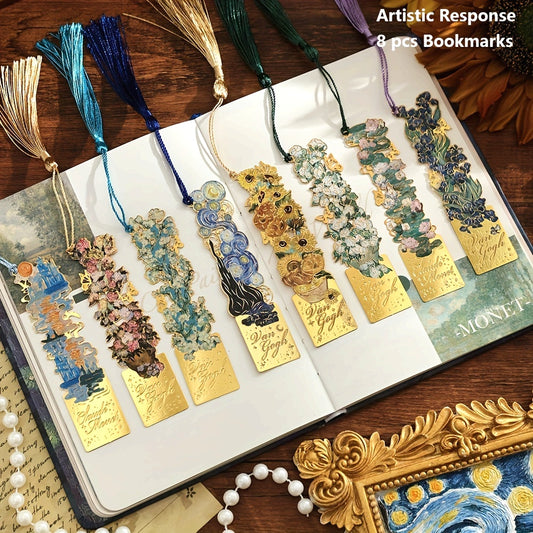 8pcs Metal Vintage Artistic Bookmarks with Long Tassels, Retro Hollow Design for Book Lovers, Students & Office Use