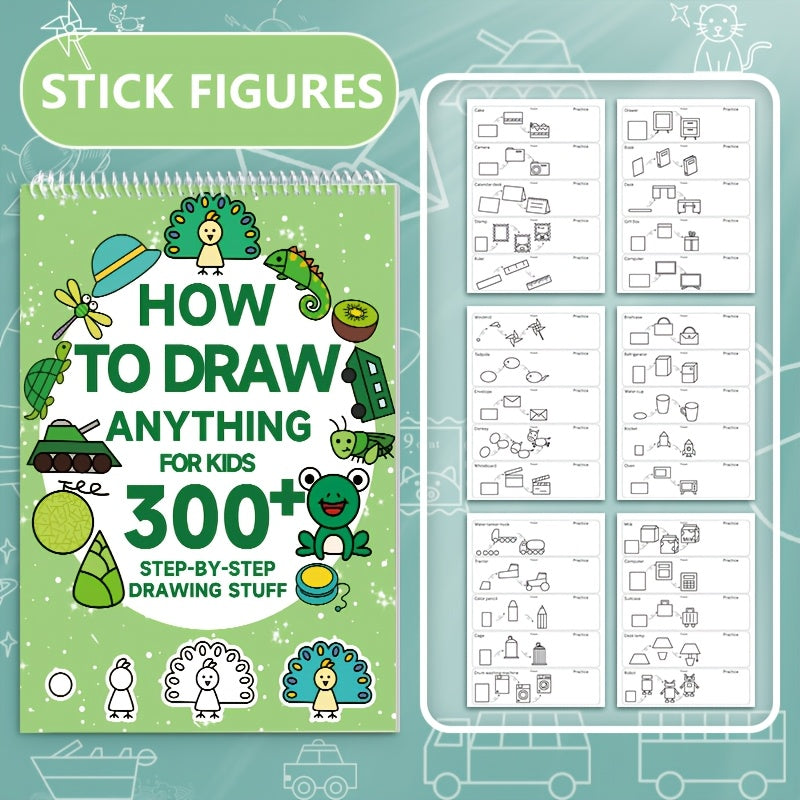 1pc Green Stick Figure Drawing Book for Youngsters - 300+ Step-by-Step Art & Education Toy, Learning Painting Supplies with Cartoon Dinosaur & Frog Designs, Perfect for Creative Writing & Coloring, Youngsters Drawing Book | Playful Design | Spiralbound Bo