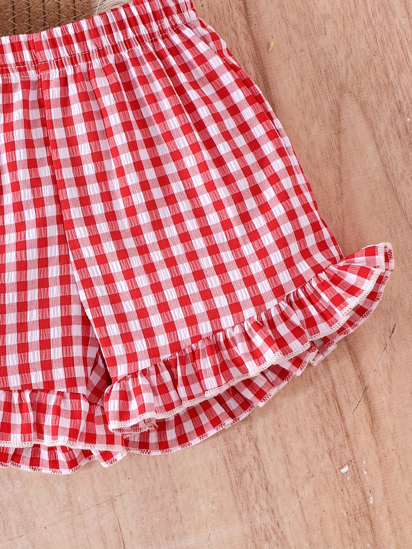 [Cute Summer Set] 2pcs Cute Summer Strawberry Top and Shorts Set | Ruffle Collar, Elastic Waist, Gingham Details, Playful Bow Accents - Outdoor Toddler Outfit