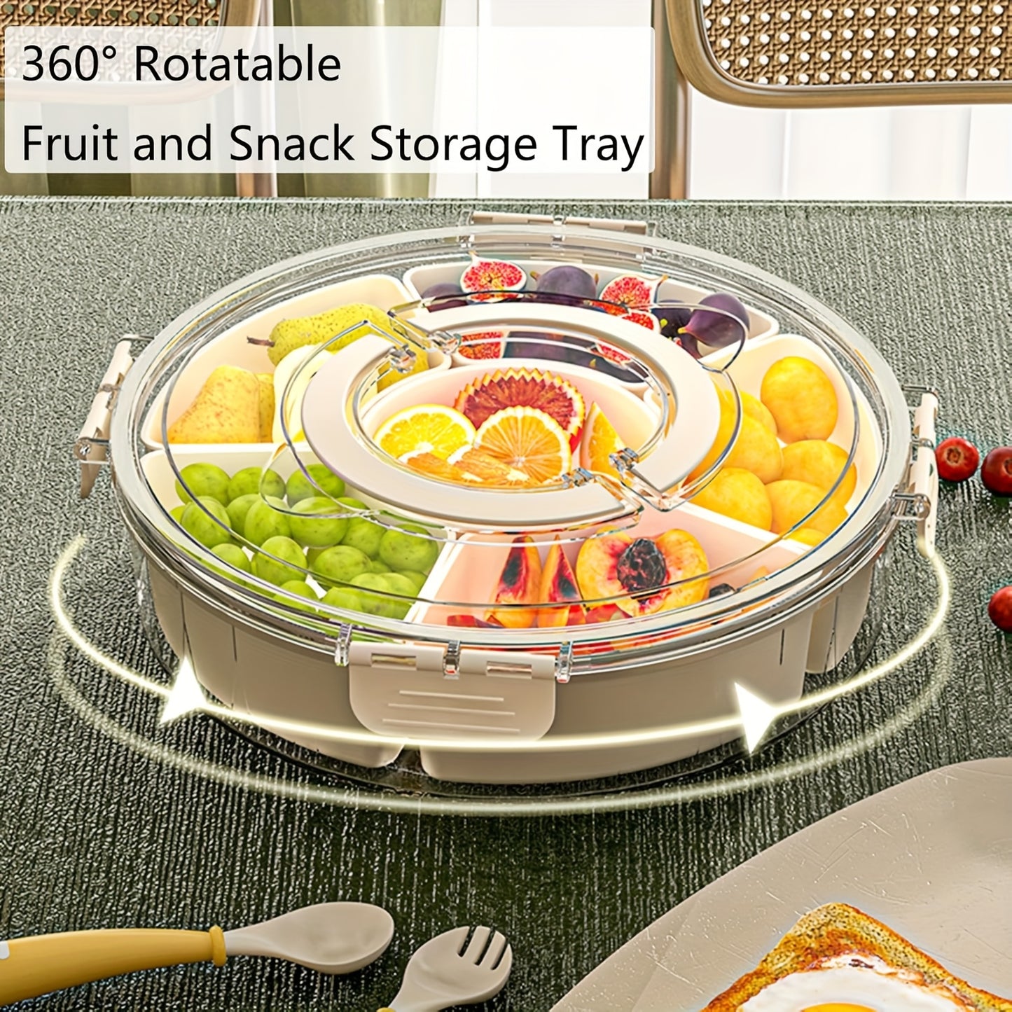 1pc HOOFUN Rotating Fruit and Vegetable Tray with Lid and Handle - Durable Plastic, Multi-Compartment Organizer for Kitchen Storage, Ideal for Snacks and Produce Display, Kitchen Organizers And Storage