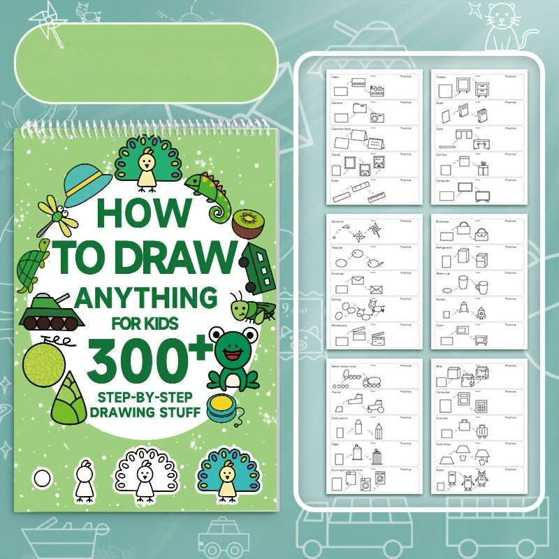 1pc Green Stick Figure Drawing Book for Youngsters - 300+ Step-by-Step Art & Education Toy, Learning Painting Supplies with Cartoon Dinosaur & Frog Designs, Perfect for Creative Writing & Coloring, Youngsters Drawing Book | Playful Design | Spiralbound Bo