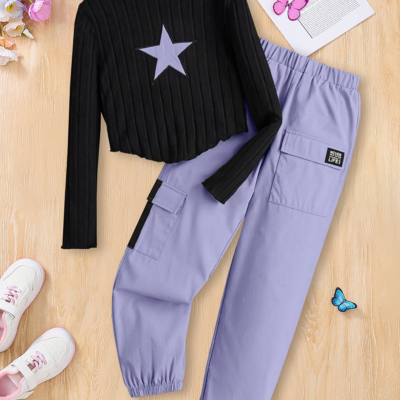 [Girls' Top Set] Girls' Fashion - Cartoon Embroidered Star Long Sleeve Top and Green Overalls Set - Perfect for Outdoor