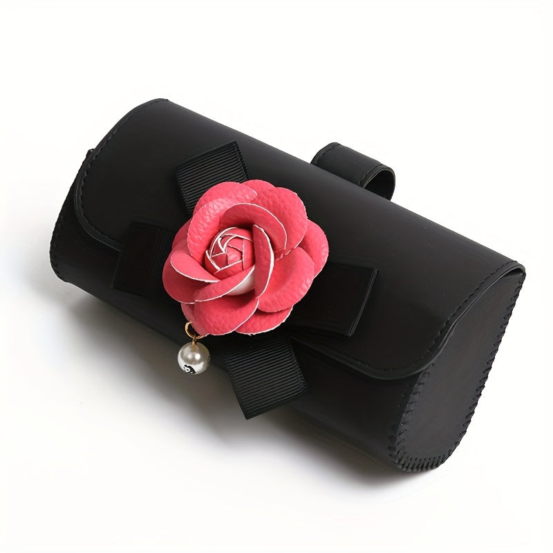 Stylish Camellia Flower Design PU Leather Car Visor Sunglasses Holder - Universal Eyeglass Clip with Bow and Pendant - Convenient Glasses Storage Box for Automotive Sun Visor Accessories