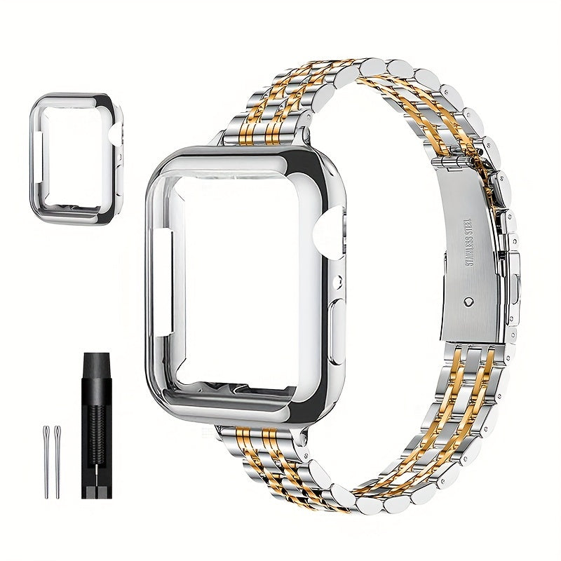 [Elegant Watch Band] Gold-Plated Stainless Steel 1pc Watch Band | Foldover Clasp and Protective Case for Apple Watch, Compatible with iWatch Series 1-9/SE/SE2, Elegant Women's Wristband Accessory