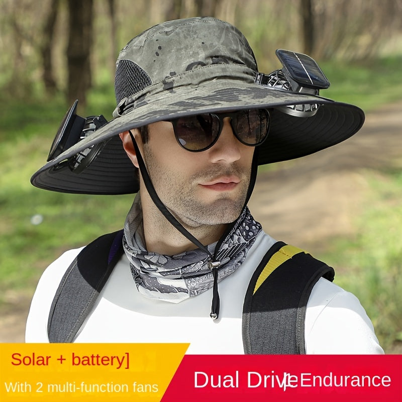 Outdoor Solar Multifan Fan Hat. In-Ward Detachable Dual Fan. Adjustable Three Wind Speed with USB Charging Interface. Suitable for Outdoor Leisure Fishing Hat. Fisherman Hat. Sunscreen Hat. Outdoor Sunshade Hat. Hiking Hat.