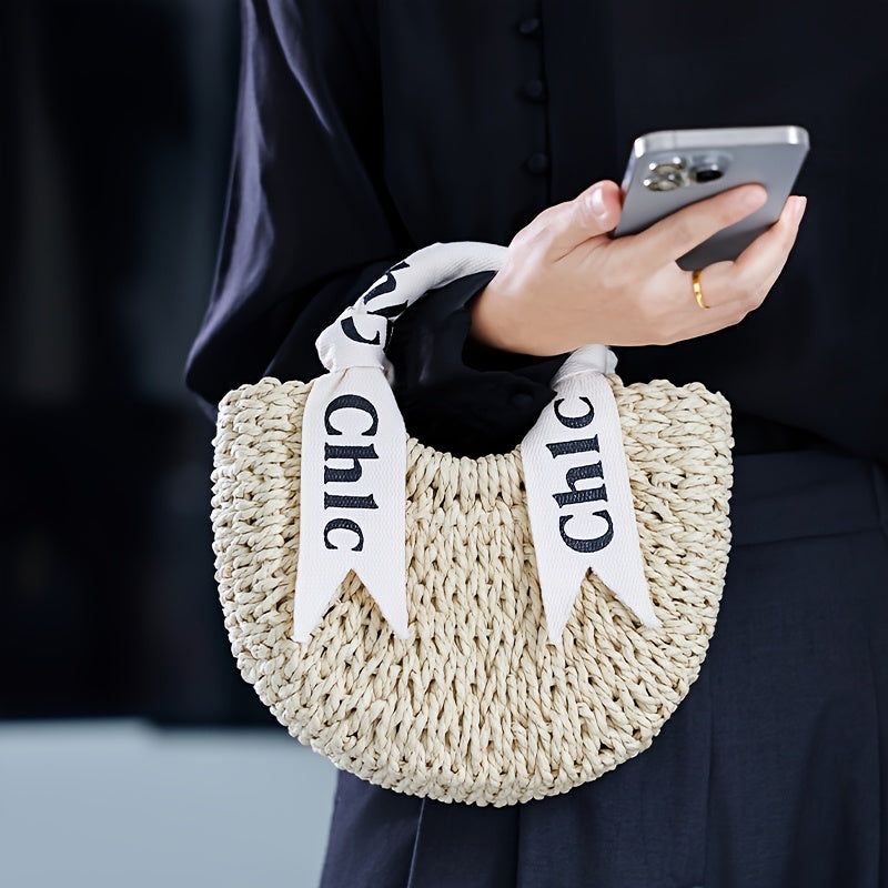 [Elegant Handbag] Elegant Straw Weaving Handbag | Simple and Stylish Women's Shoulder Bag Summer Beach Bag, Semi-Circular with Drawstring Closure, Casual Beach Tote