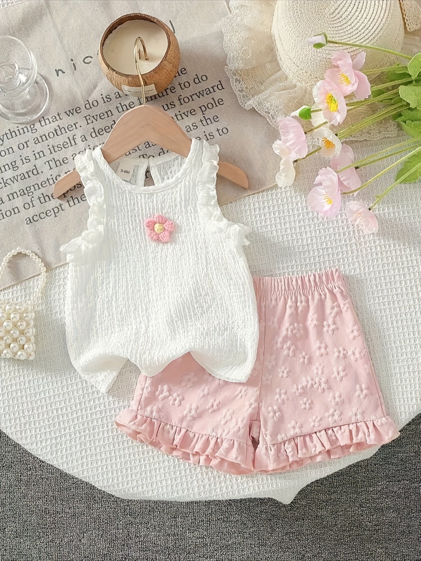 [2pcs Summer Set] 2pcs New Summer Cute Floral Lace Flower Tank Top and Shorts Set for Baby Girls P101596