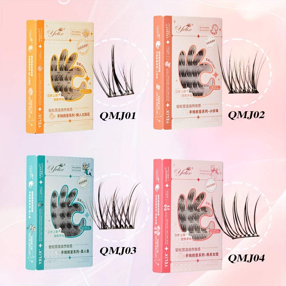42 Clusters C/J Curl No Glue Needed Eyelash Extensions Handmade Grafting Individual False Eyelash Wispy Lashes Gift for Women & Girl