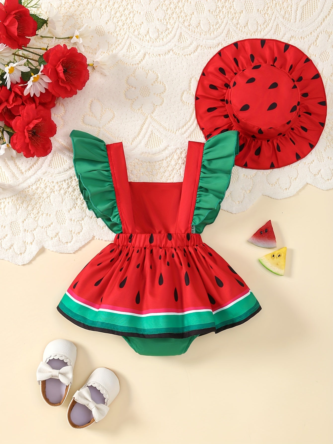 2pcs Baby Girls Summer Dress Set, Watermelon Print Ruffled Lace Trim Romper with Backless Design and Sun Hat, Polyester Dressy Style, Regular Fit, with Summer Collection for Outdoor