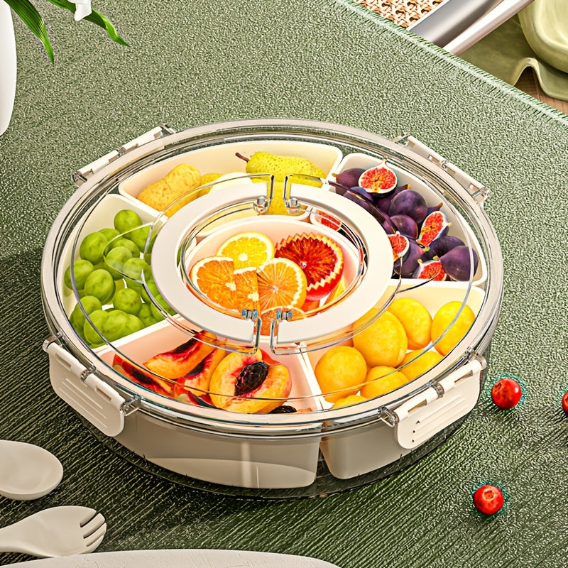 1pc HOOFUN Rotating Fruit and Vegetable Tray with Lid and Handle - Durable Plastic, Multi-Compartment Organizer for Kitchen Storage, Ideal for Snacks and Produce Display, Kitchen Organizers And Storage