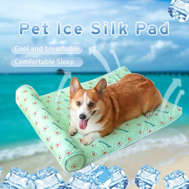 Cooling High-Resilience Pet Ice Dog Bed with Pillow - Breathable Non-Slip Square Dog Nest for Small Dogs, Machine Washable Fruit Pattern Design for Summer Comfort, Pet Beds for Dogs, Easyclean Material