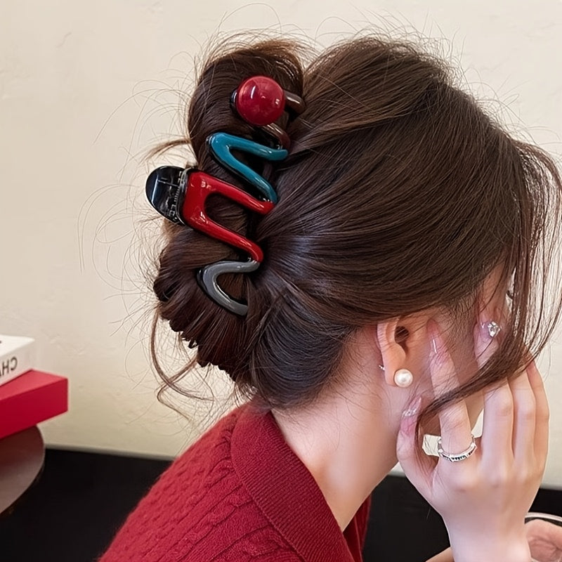 [4pcs Hair Clips] 4pcs Elegant Hair Claw Clips | Chic Wavy Design with Faux Pearl & Color Accents, Non-Slip Shark Clips for Thick Hair