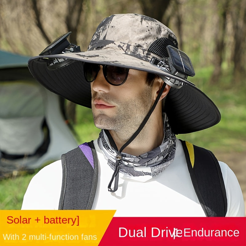 Outdoor Solar Multifan Fan Hat. In-Ward Detachable Dual Fan. Adjustable Three Wind Speed with USB Charging Interface. Suitable for Outdoor Leisure Fishing Hat. Fisherman Hat. Sunscreen Hat. Outdoor Sunshade Hat. Hiking Hat.