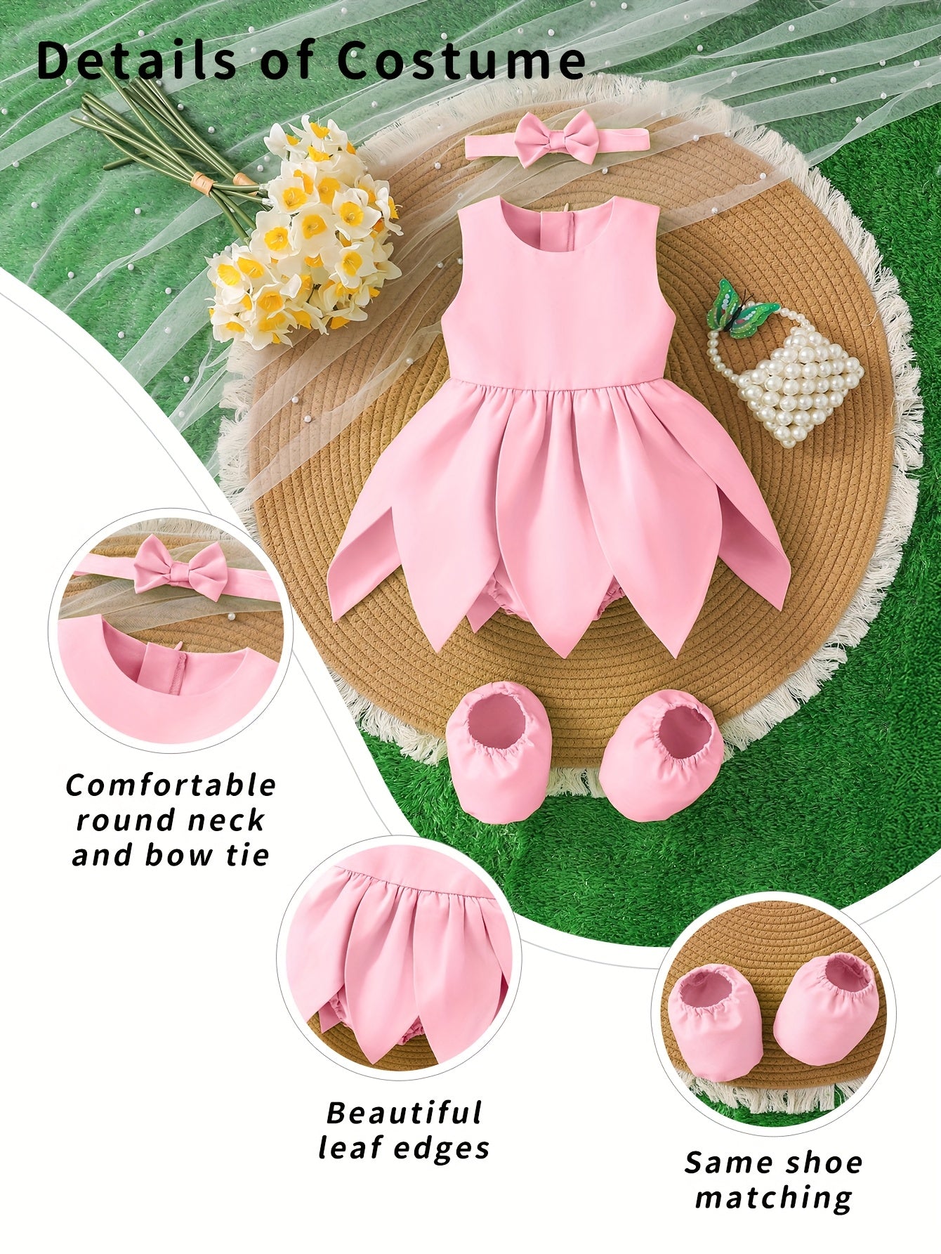 [Cute Fairy Dress] Summer Cute Green Fairy Princess Petal Dress Set for Baby Girl | Sleeveless Top with Ruffled Skirt, Matching Headband & Hair Accessories, Soft Non-Stretch Fabric