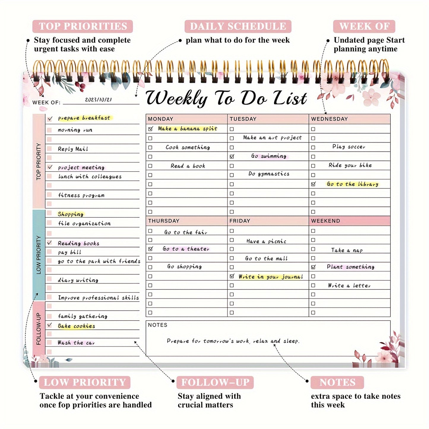 Weekly Student To-Do List Planner - English Academic Schedule Notebook with Daily Work Organizer, Top Priorities and Notes Section by BUBU