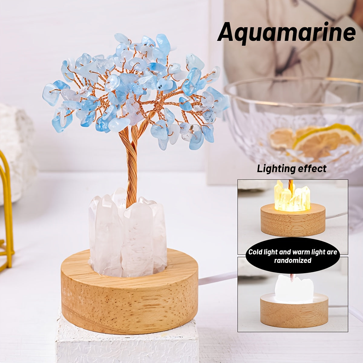 [Natural Quartz Crystal Nightlight] 1pc Natural Clear Quartz Crystal Chip Tree - USB Port Decorative Bedside Ambiance Nightlight