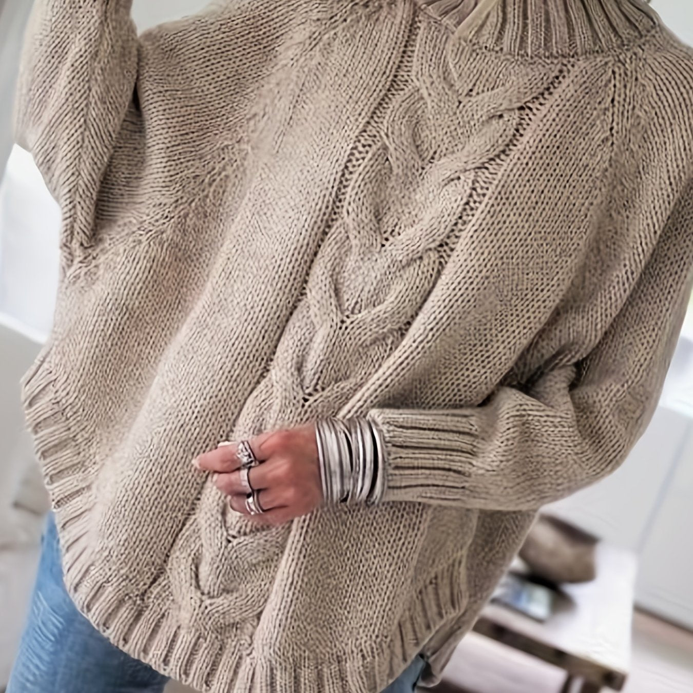 Women'S Vintage-Inspired Black Cable Sweater with High Neck, Loose Fit, Fall & Winter Style - Casual, Everyday Pullover for Autumn and Winter, Autumn Winter Apparel | Vintage Sweater | Cable Pattern, Sweater Dress