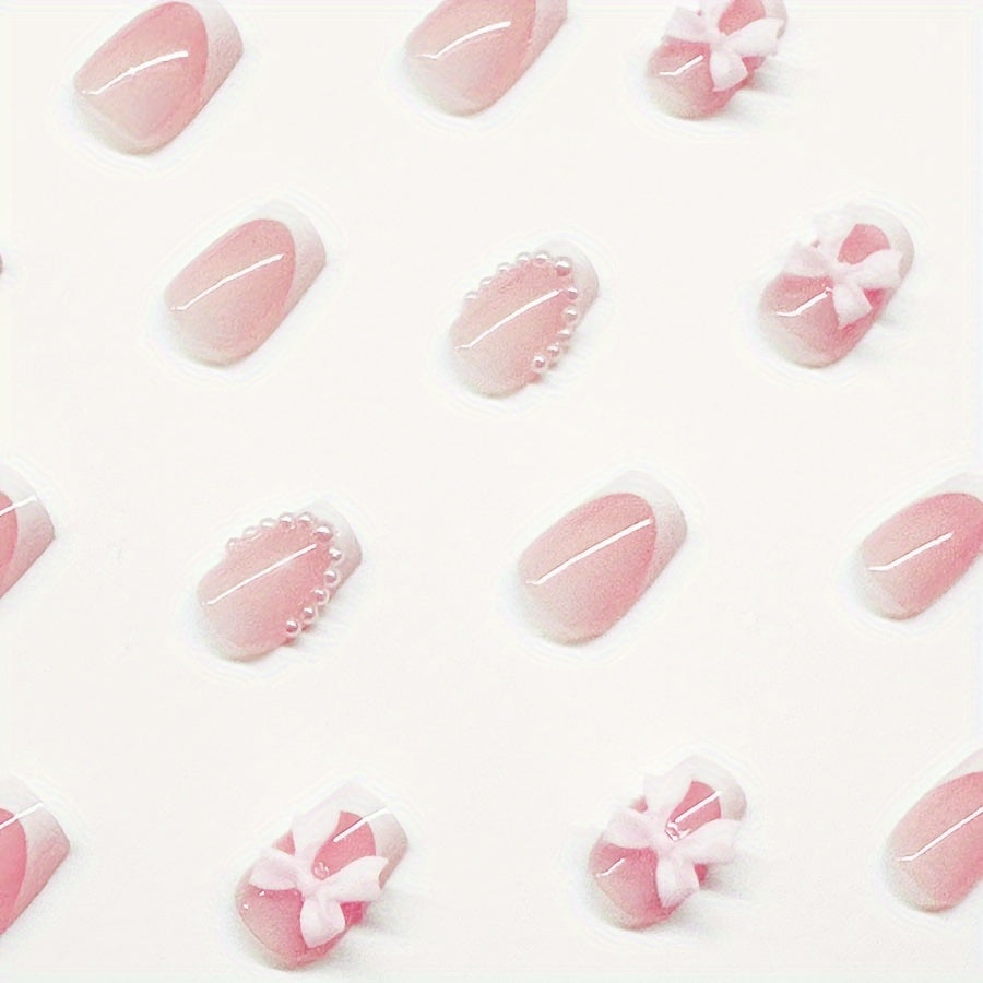 24pcs Pink French Press-On Nails with Bow & Dot Design - Short Coffin Shape Glossy Fake Nails for Women & s, Everyday & Special Occasions, Nails Accessories, Fashion Accessories, Sweet Aesthetic Nails, Decorative Pressons