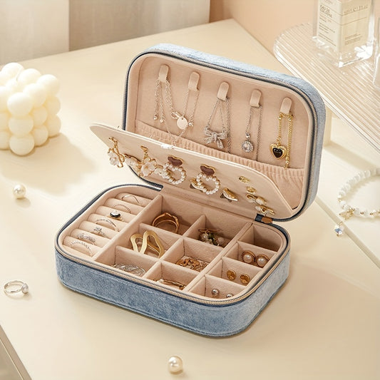 1pc Glam Style 3-Layer Velvet Jewelry Box with Zipper Closure - Multipurpose Rectangular Organizer with Necklace Hooks for Earrings, Necklaces, Rings, Watches, Hair Accessories - Ideal for Travel & Home Storage - Perfect for Christmas, New Year, Valentine