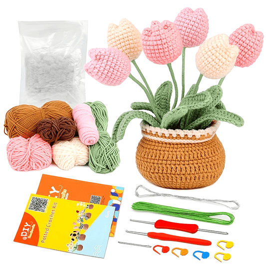 Tulip Crochet Kit Including 6 Colors of Yarn,2 X Crochet Hook,5 X Stitch Markers,1X Instructions,1 X Blunt Head Large Eye Needle,1 X Filled,7 X Iron Wires,1Xbundle of Fine Silver Wire, DIY Knitting Crochet