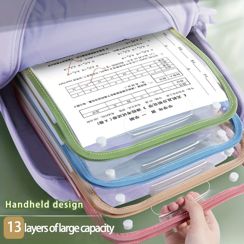 1pc, Durable A4 13-Pocket Expanding File Folder, Organ bag, Thickened PVC transparent, Organizer for Student Papers & Documents, for storing student test papers and data files