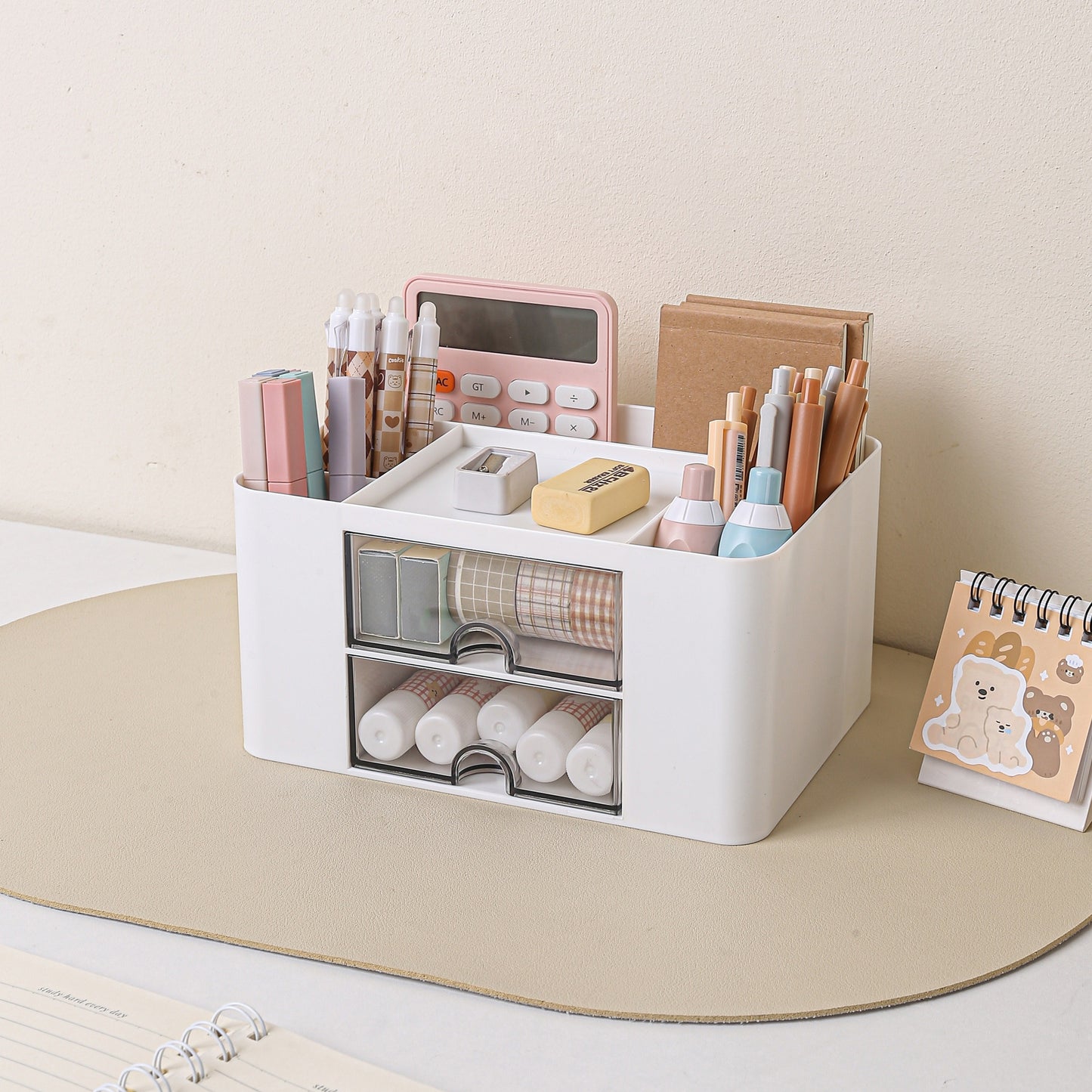 1pc Multi-Functional Plastic 5 Compartments Desk Organizer with 2 Drawers - Office Supply Caddy, Portable Desktop Storage for Stationery, Pens, Pencils, Art Supplies