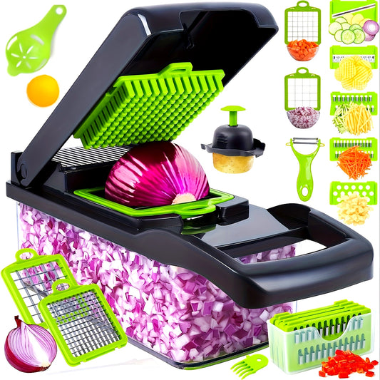 16-in-1 Multifunctional Vegetable Chopper - Manual Food Slicer Dicer with Container, Kitchen Veggie Cutter for Onion, Carrot, Garlic - Plastic Kitchen Gadget Set with Drain Basket & Hand Protector
